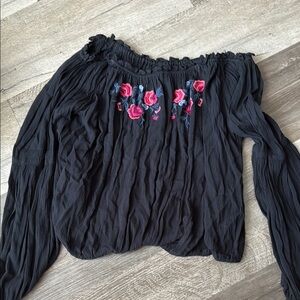 Hollister Black Ruched Long Sleeve Blouse with Pink Embellishments